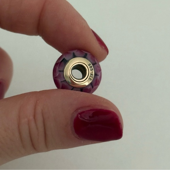 Pandora 14K Yellow Gold Pink Lotus Murano Glass Rare Retired Charm - Picture 4 of 9